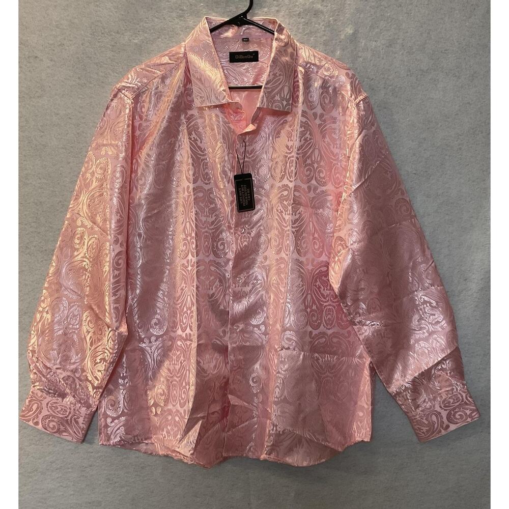 DiBanGu Shirt Mens XL Pink Paisley Jacquard Long Sleeve Party Dress Shirt